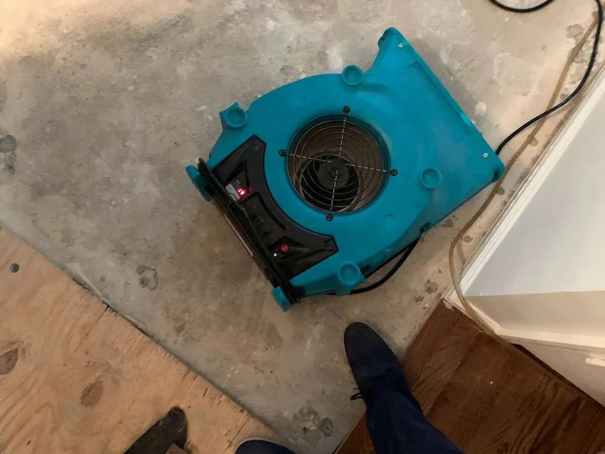 Air mover drying subfloor during Commercial Water Damage Restoration in Mattoon
